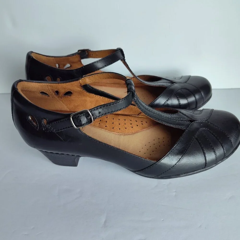 Ladies SZ 7-1/2 W Rockport Black Angelina Leather T-Strap